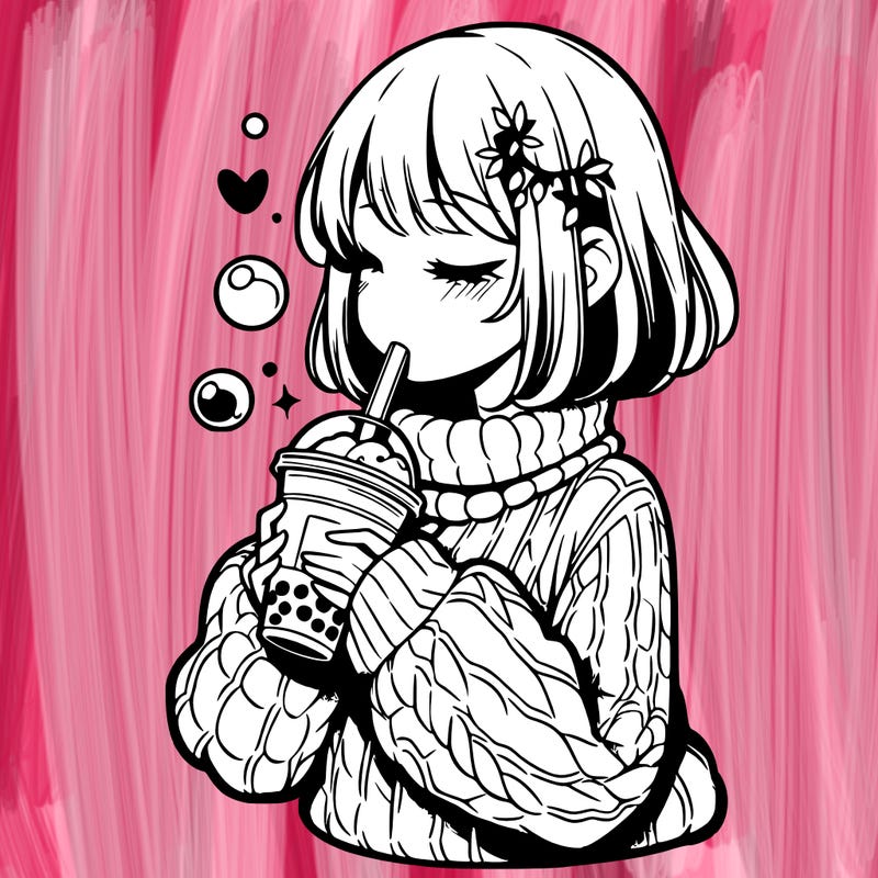 manga girl drinking boba in cozy sweater