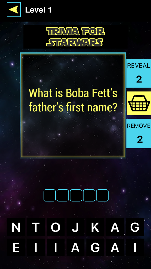 Star Wars trivia game screen showing a question about Boba Fett's father.