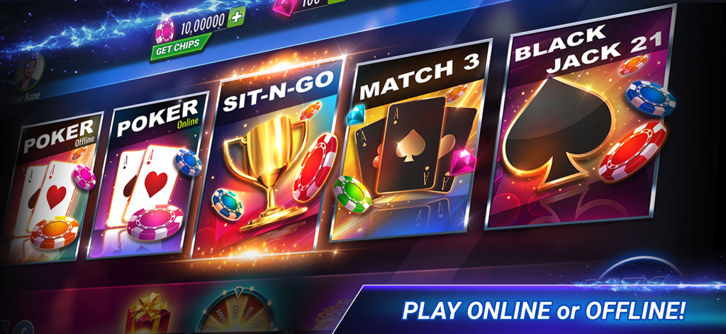 Pantalla de selección de Poker Zmist que muestra modos de juego de póker, blackjack y match 3 offline y online