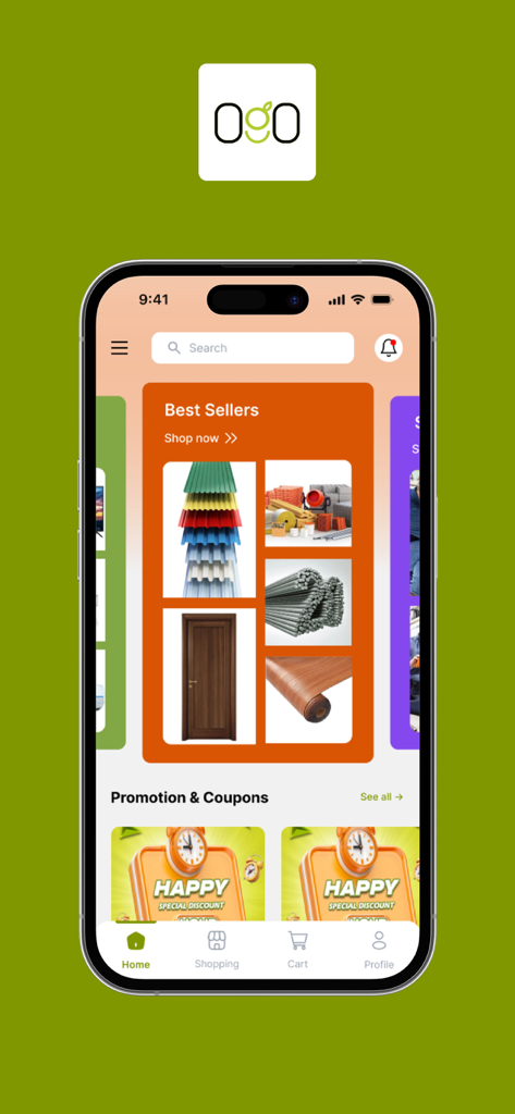 OGO Home - OGO Home 앱 인터페이스, 건설 자재 및 프로모션 할인 표시