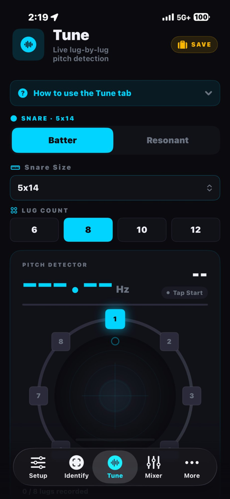 Snare Lab - Interfaz de la aplicación móvil Snare Lab mostrando la interfaz de afinación con detección de tono de lugs en vivo y configuraciones de la batería