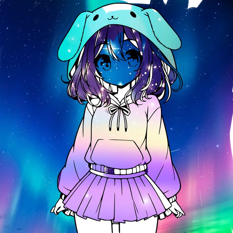 pretty anime girl wearing a fluffy hoodie with bunny ears on the hood and a skirt