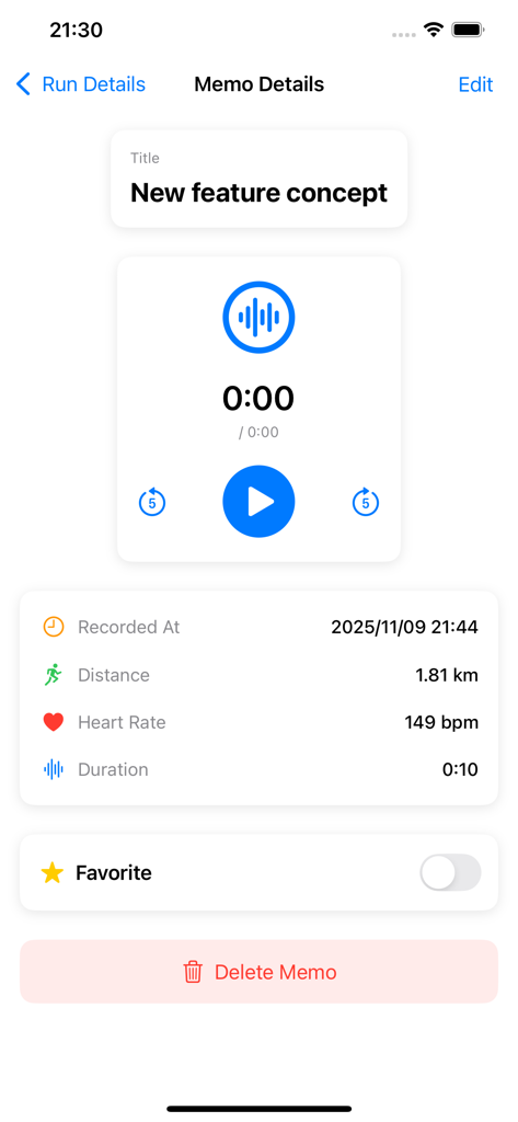 The memo details screen of the ThoughtRun app showing a voice recording titled New feature concept with workout data including distance heart rate and duration
