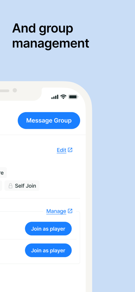 Foireann - Foireann app interface for group management displaying buttons to message groups and join as a player