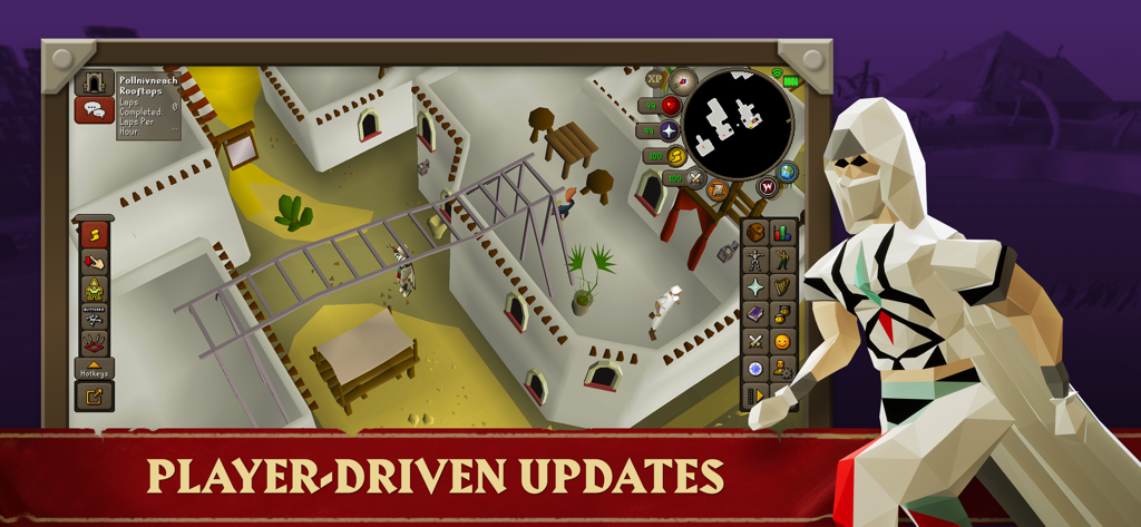 Juego móvil de Old School RuneScape mostrando el entrenamiento de agilidad del personaje en un tejado con un banner para actualizaciones impulsadas por jugadores