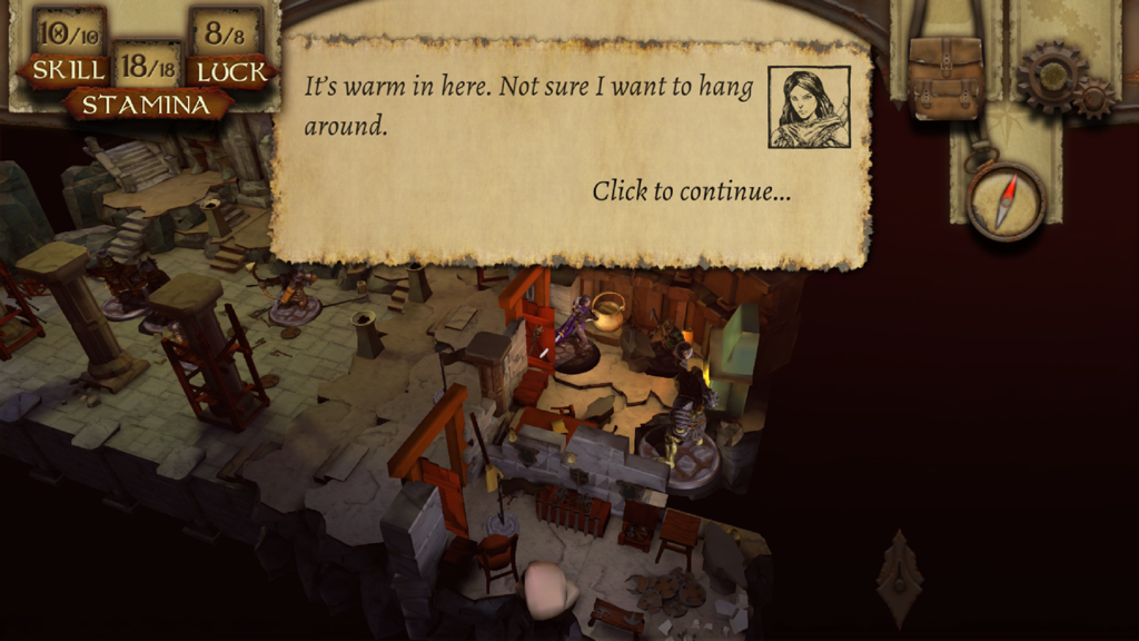 Digital tabletop RPG gameplay showing character figurines in a 3D dungeon with narrative text