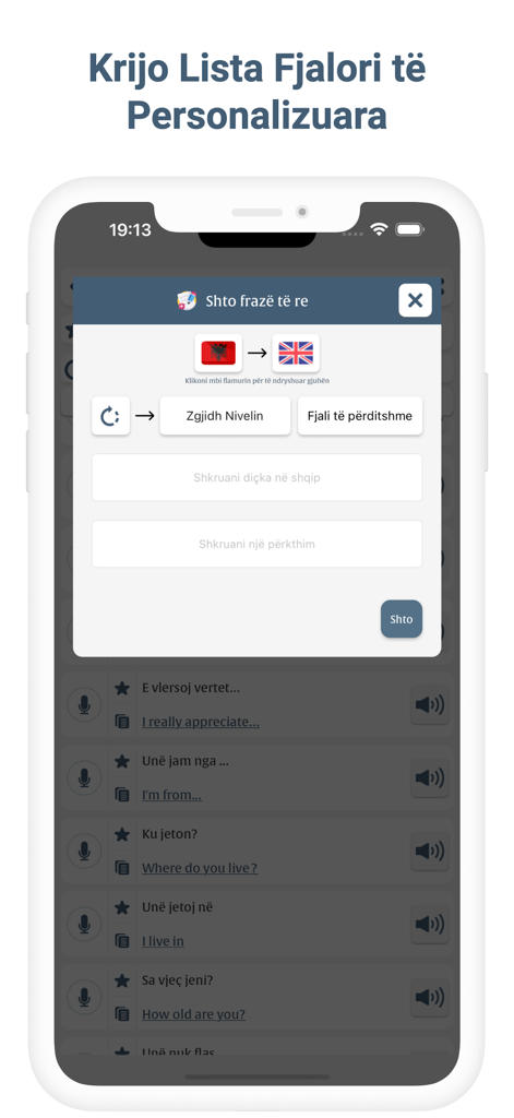Meso Anglisht - アルバニア語から英語へのカスタム語彙リストを作成し、カスタムフレーズを追加するためのメソ・アングリシュモバイルアプリのインターフェース