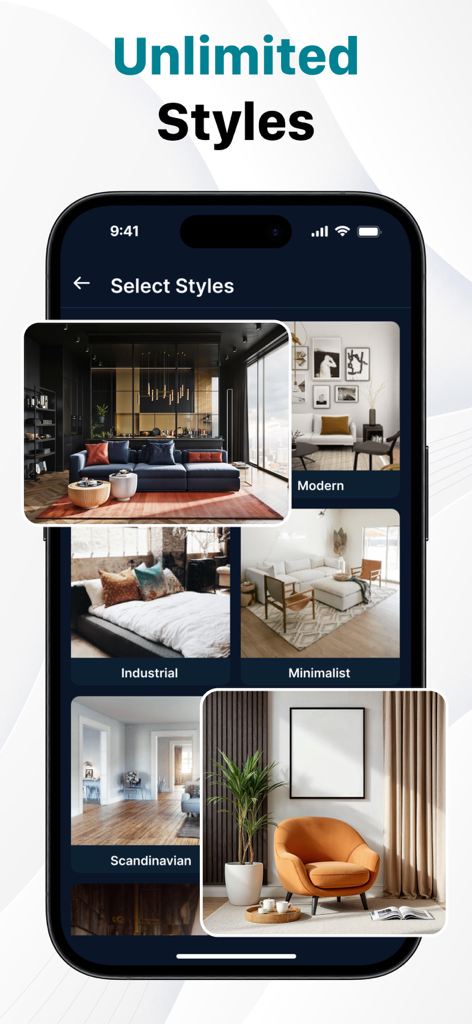 A smartphone screen showing different interior design styles like Modern and Scandinavian in the AI Home Design app