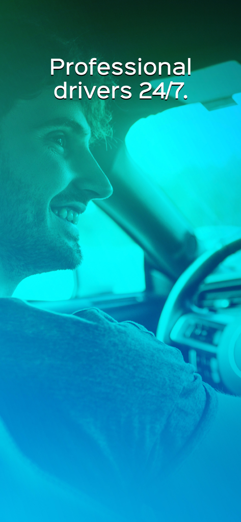 Smiling professional driver for Wizi taxi service with 24 7 availability text