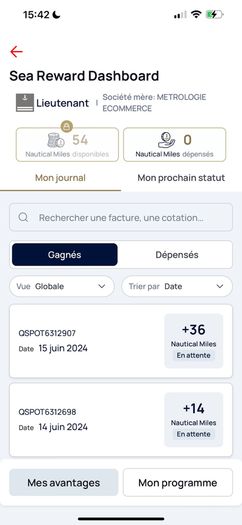 CMA CGM - CMA CGM Sea Reward dashboard showing nautical miles earned and shipment loyalty status.