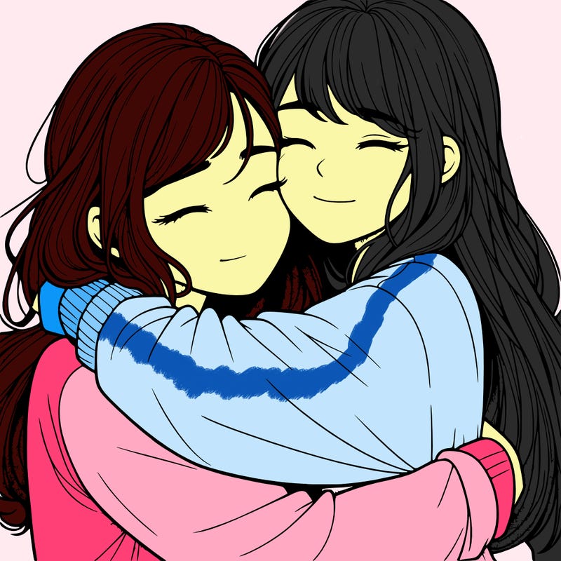 realistic two girls hugging