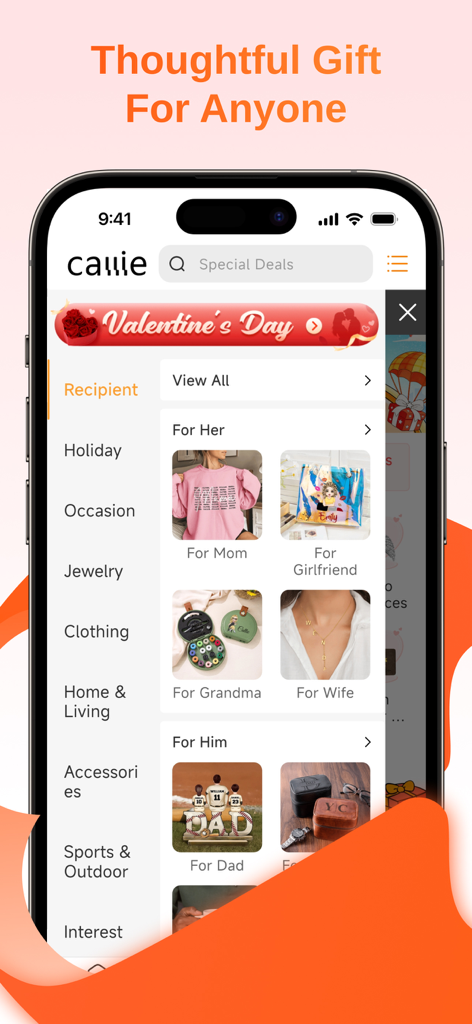 Callie: Make Gifting Unique - Callie app screen showing personalized gift categories for various recipients.