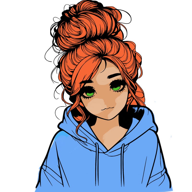 realistic girl with a massy bun and a hoodie