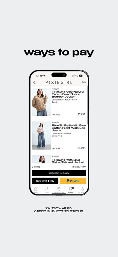 PIXIEGIRL | PETITE FASHION - Tela de checkout do aplicativo PixieGirl mostrando opções de pagamento seguras, incluindo Apple Pay e PayPal para itens de moda para pequenas