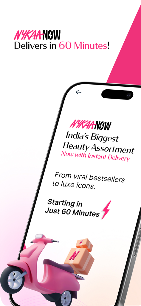 Nykaa – Makeup/Beauty Shopping - Nykaa app interface showcasing 60 minute instant delivery for beauty products