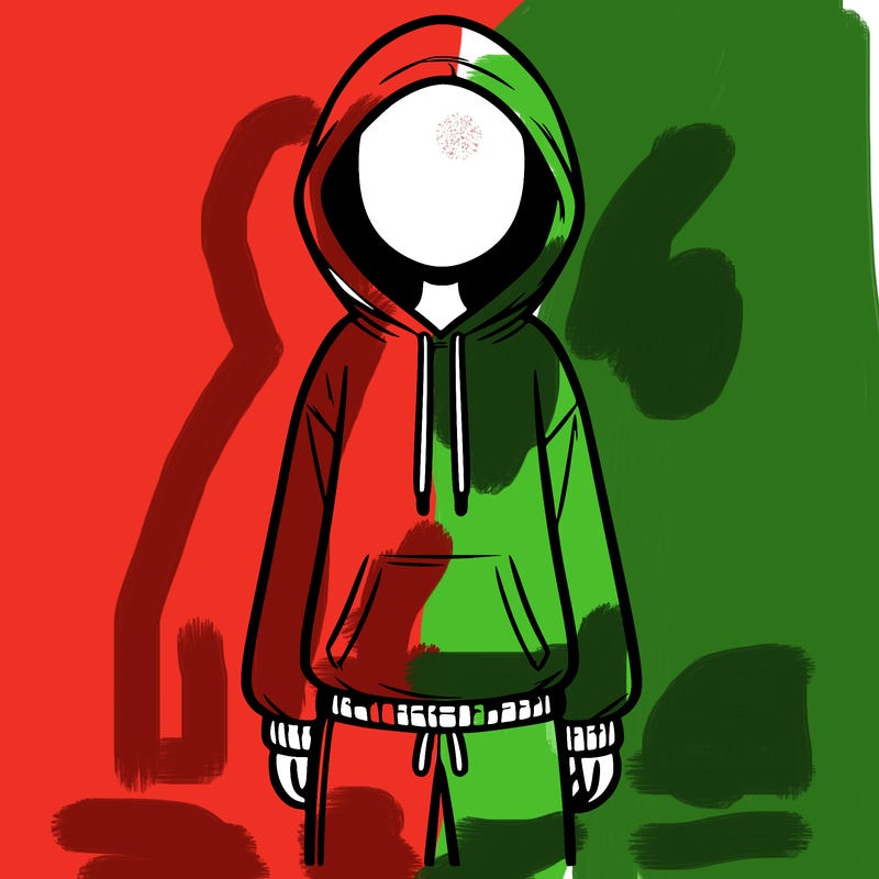 faceless girl in a tracksuit with a hood on and no hair