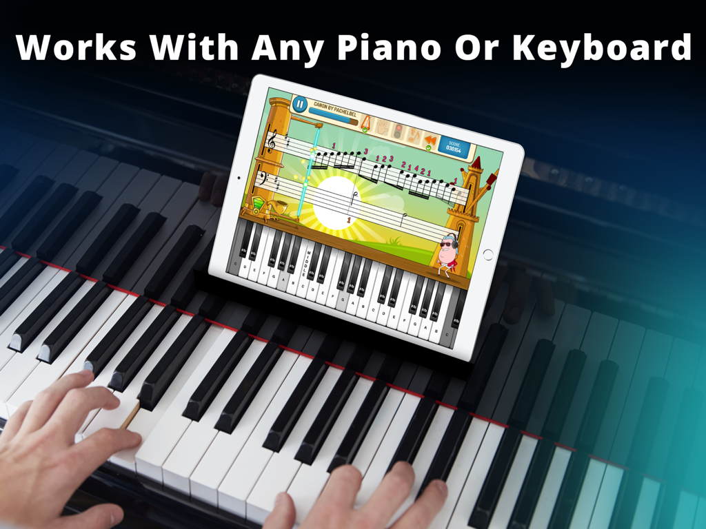 Piano Maestro - Una aplicación de Piano Maestro para iPad sobre un atril de piano mientras una persona toca las teclas