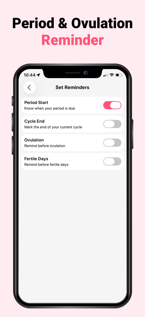Ovulation Tracker & Calculator - Pantalla de configuración de una aplicación de rastreo de ovulación para recordatorios de período y fertilidad