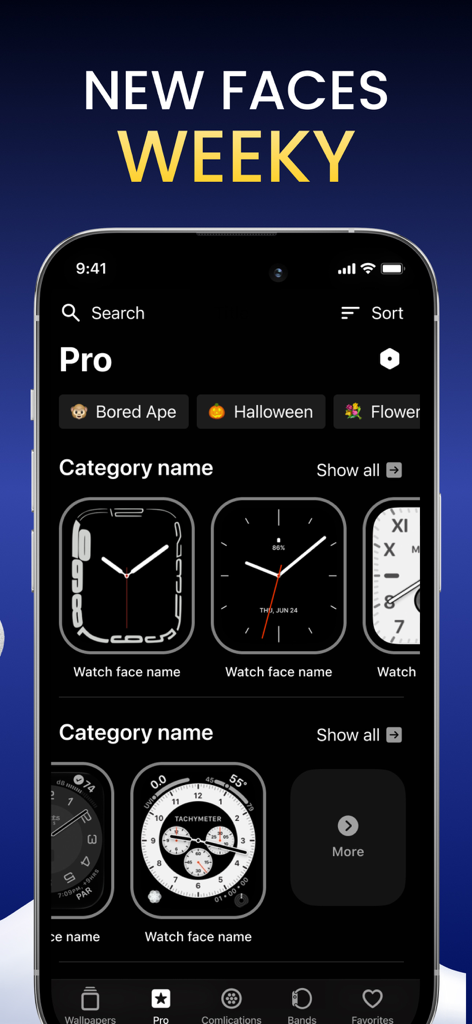 Watch Faces & Widget Gallery - Uma tela de iPhone exibindo vários designs personalizados de mostradores de Apple Watch na galeria do aplicativo.