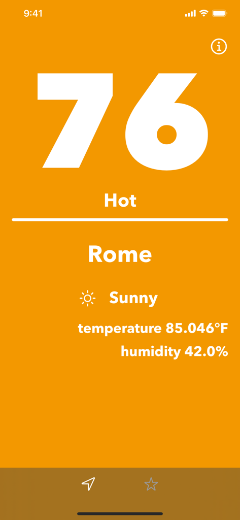 Feel - View weather comfort - Interface of the Feel app showing a heat index of 76 for Rome with 42 percent humidity