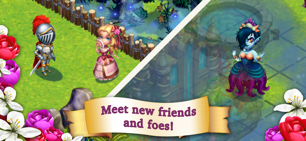 Castle Story™ - Ein Ritter, eine Prinzessin und eine lilafarbene Meereshexe in einer Fantasy-Königreich-Umgebung.