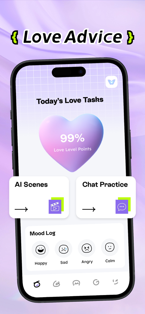 Adult Chat，Make Friends：Lovint - Interface of the Lovint app showing love advice tasks, AI scenes, chat practice options, and a mood log tracker.
