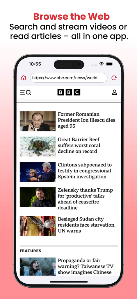 VidTube - PIP Video Player - VidTube app interface showing a built-in web browser displaying news articles from the BBC.