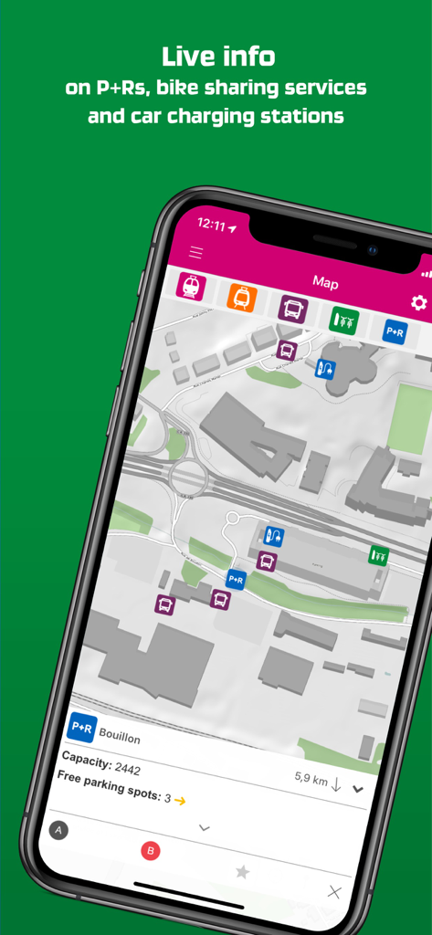 Mobiliteit.lu - A smartphone screen showing the Mobiliteit.lu app with a map displaying live icons for buses, bike sharing, and car charging stations.