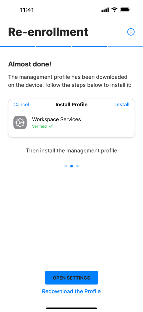 A screenshot of the Exodus Companion app guiding a user through the installation of a verified management profile during device re-enrollment.