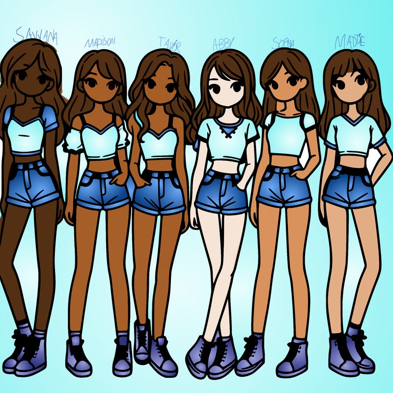 a group of girls wearing crop tops and shorts