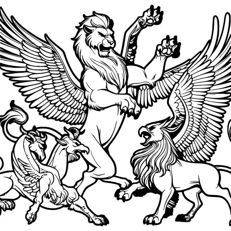 manticore fighting a griffin and pegasus