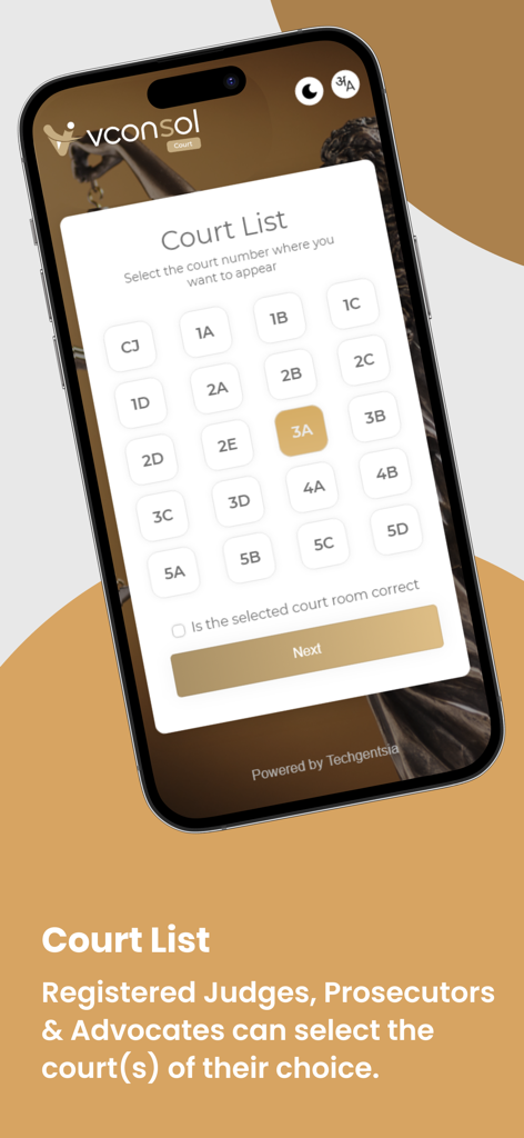 Vconsol-TSHC - Una interfaz móvil que muestra una lista de salas judiciales para seleccionar dentro de la aplicación Vconsol-TSHC para profesionales legales