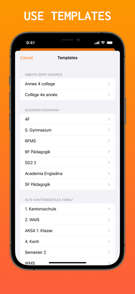 PlusPoints app showing a list of grade templates for various schools