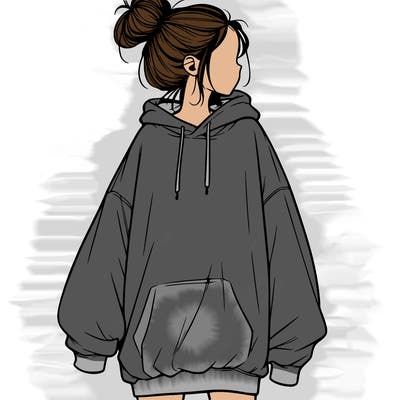realistic girl with a oversized sweatshirt on and a bun