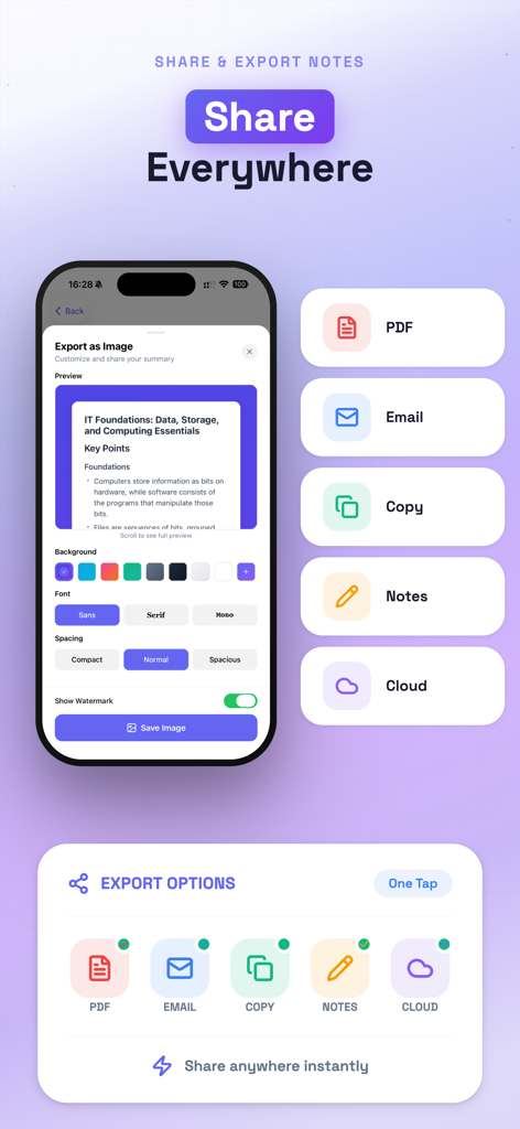 SpeakNotes app screen showing note export options including PDF email and cloud storage