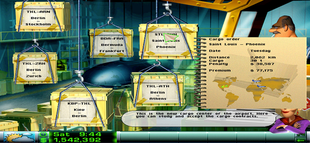 Airline Tycoon Deluxe - Gameplay screenshot of the cargo center in Airline Tycoon Deluxe showing various flight contracts and order details