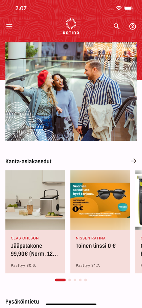 Pantalla principal de la aplicación del centro comercial Ratina que muestra recompensas de lealtad y promociones de tiendas