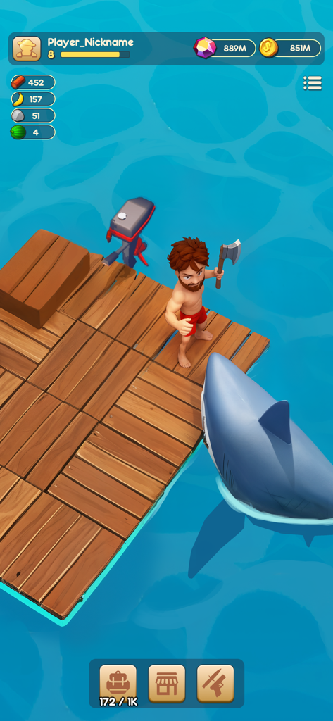 Raft® Survival Adventure Quest - Un personaje sosteniendo un hacha en una balsa de madera frente a un gran tiburón en el océano.