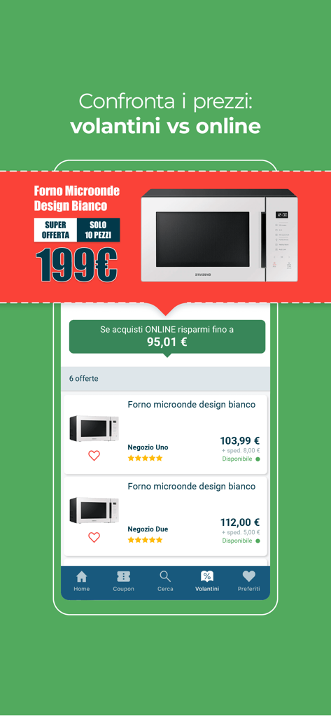 Une interface mobile de l'application Trovaprezzi montrant une comparaison de prix entre les prospectus des magasins physiques et les offres en ligne pour un four à micro-ondes.