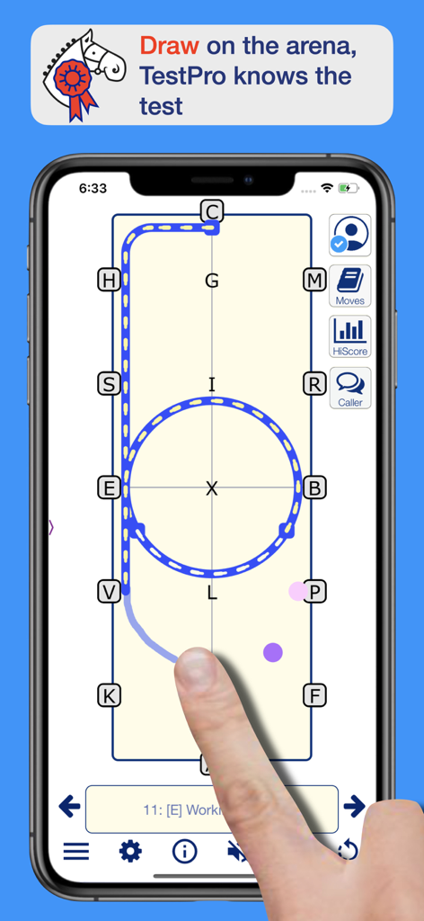 BD British Dressage TestPro - A user draws a dressage test movement on a digital arena within the BD British Dressage TestPro app