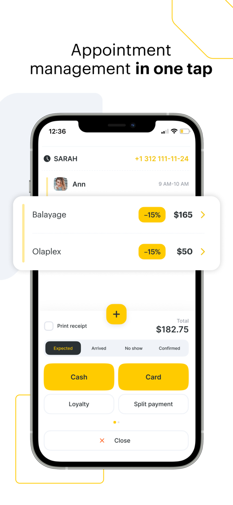 Altegio Mobile-Oberfläche zeigt Termin-Details und Zahlungsoptionen für ein Dienstleistungsunternehmen.