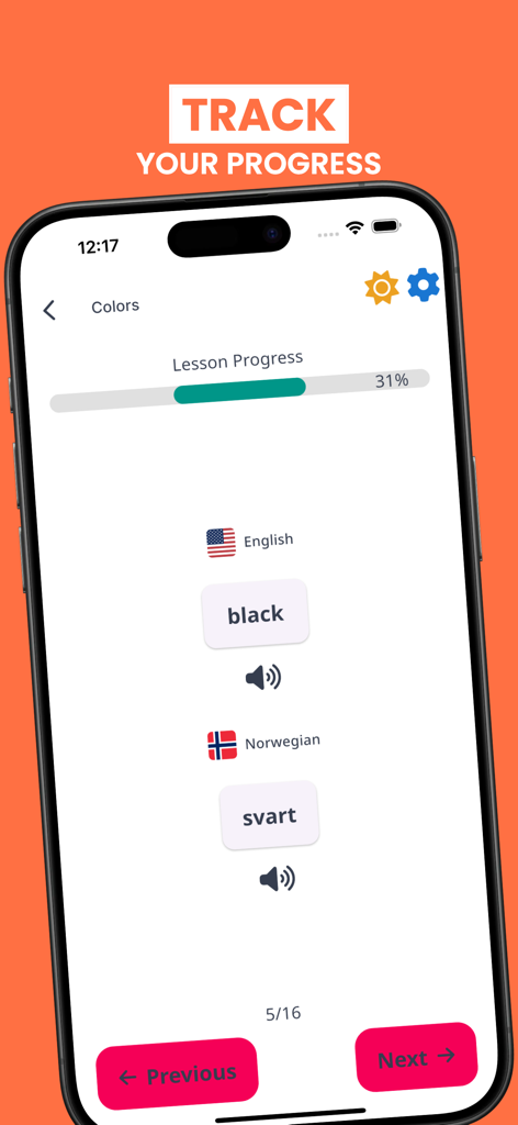 Norwegian Learning: Beginners - A screenshot of the Norwegian Learning app showing a vocabulary lesson for colors and a lesson progress bar