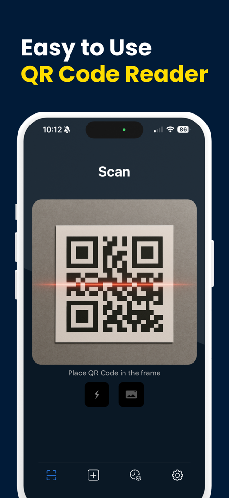 Pantalla de iPhone mostrando la aplicación Scan QR Code Now escaneando un código QR con un indicador de línea roja