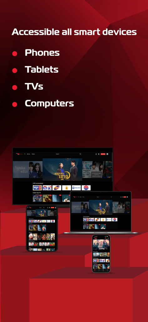 TV360 app interface shown across multiple smart devices including smartphones tablets TVs and computers on a red background