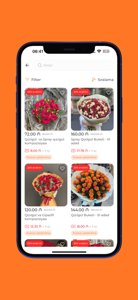 Pacco - Flowers & more - Mobile app product screen displaying various flower bouquets with discount prices and search filters.