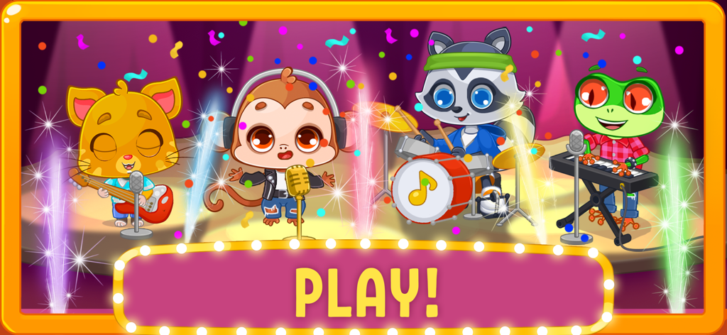 Piano games - Music for songs - Una banda de animales de dibujos animados con un gato, mono, mapache y rana en un escenario musical con un botón de reproducción