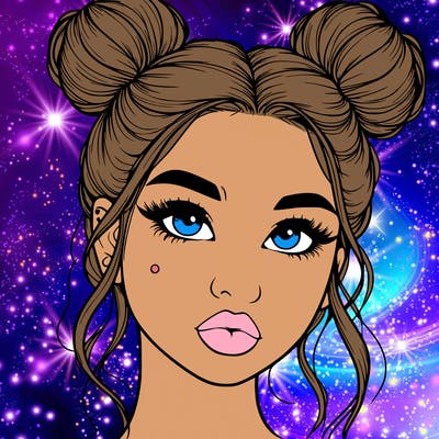realistic girl with two buns on her hair and lips