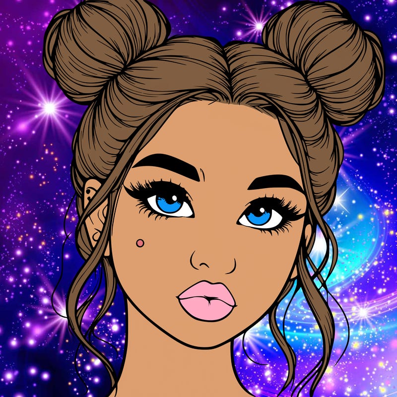 realistic girl with two buns on her hair and lips