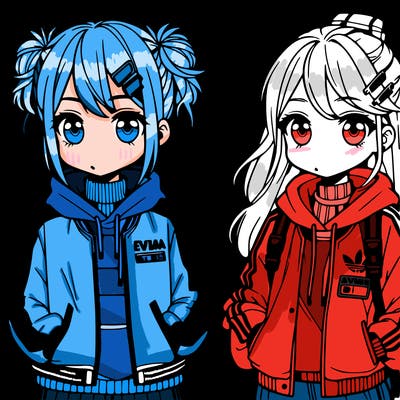 two anime girls wearing streetwear