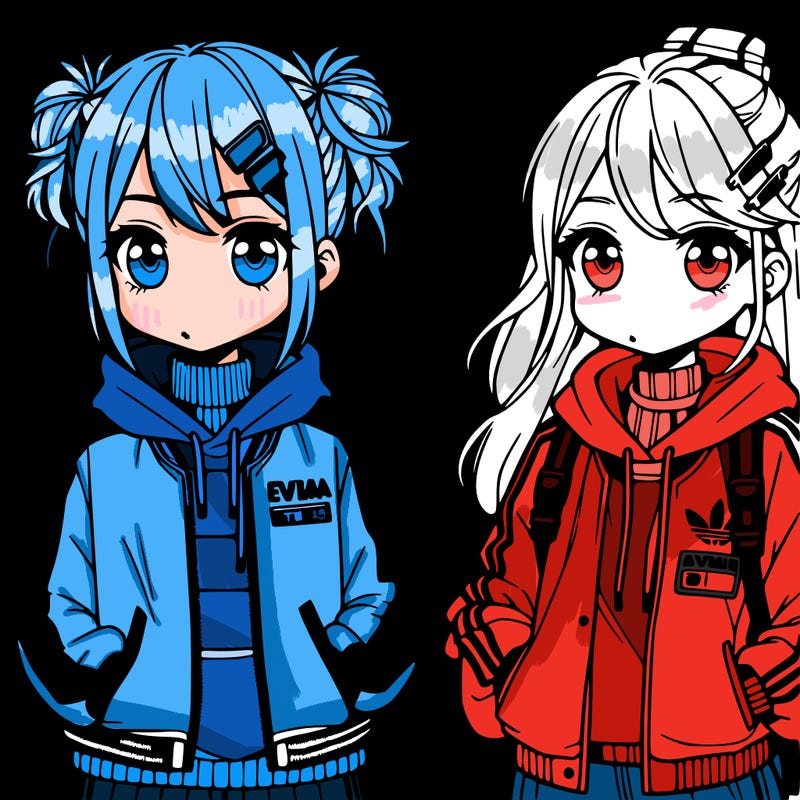 two anime girls wearing streetwear